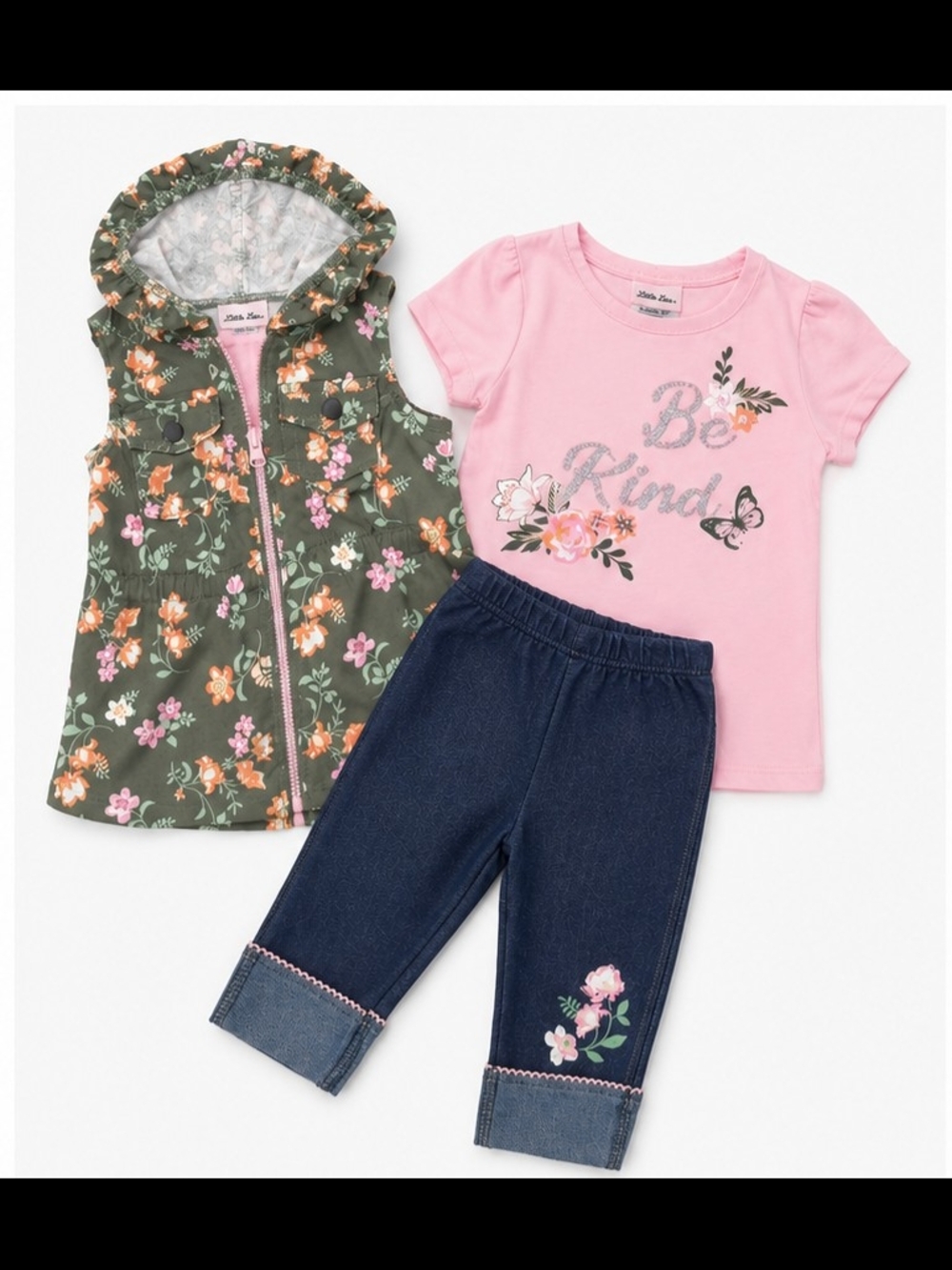 Little Lass Olive Green & Pink Floral Hooded Vest | 3T